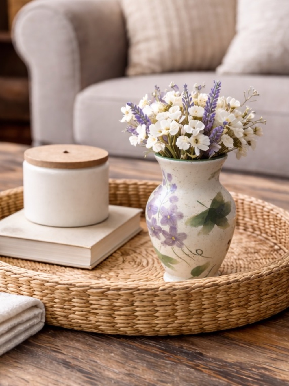 Floral Ceramic Vase - Cream and Purple